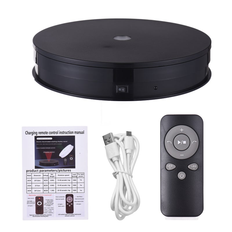 25cm/ 10 Inch Motorized Rotating Display Stand with LED Light 360°Rotatable Electric Potography Turntable for Products Display Live Video Show 10kg Load Capacity Low Noise with Remote Control Black - Image 1