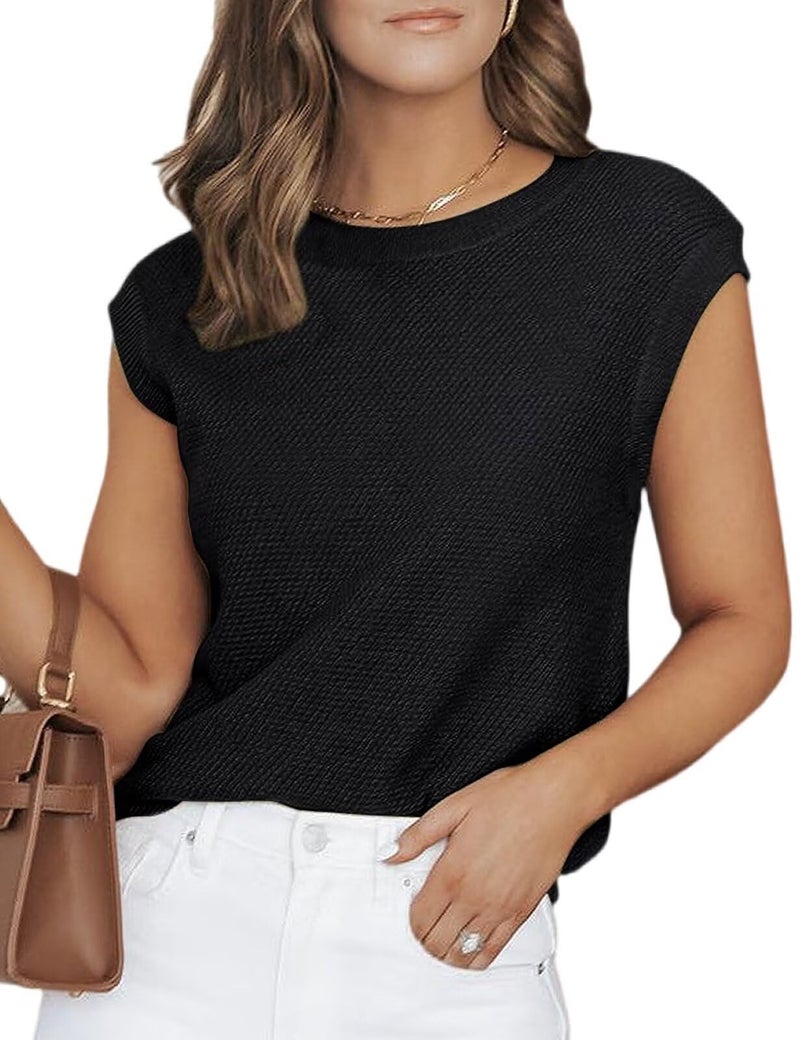 CiCiBird Women Summer Cap Sleeve Sweaters Knit Sleeveless Pullover Tank Tops 2024 Casual Trendy Clothes Black XL