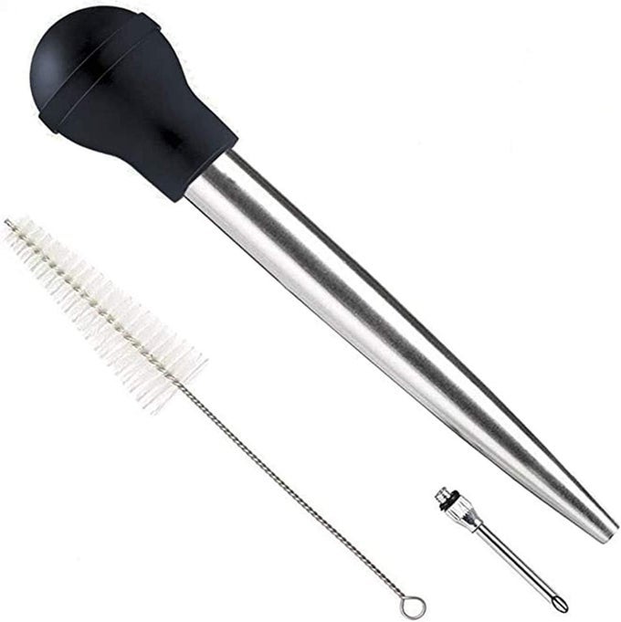 STAINLESS STEEL TURKEY BASTER SYRINGE FLAVOR INJECTOR NEEDLEWITH CLEANING BRUSH EASY TO CLEAN RUBBER BULB