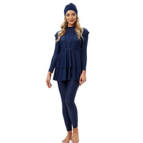YONGSEN Women Burkini Islamic Modest Plus Size Muslim Swimwear with Bra Pad Front Black and White Grid Hijab Swimsuit (Blue, 4XL) - Image 2