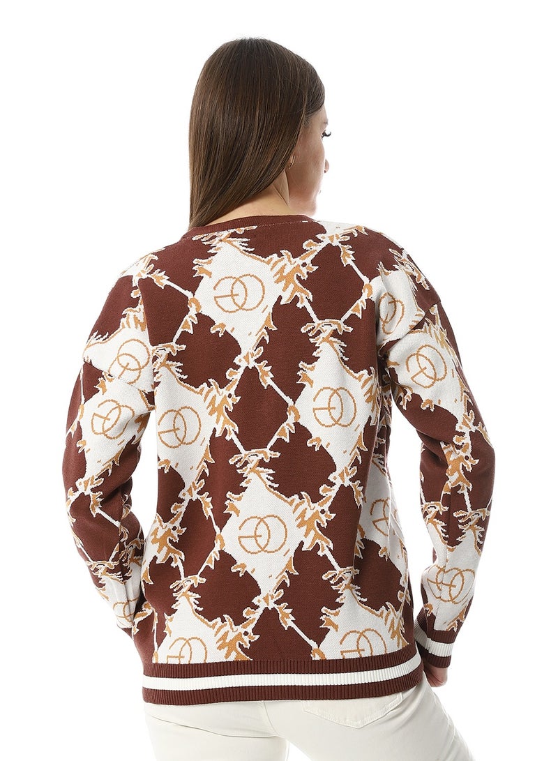 Andora Multi-Kniited Pattern Pullover_Brown - Image 3
