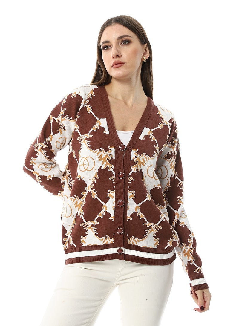 Andora Multi-Kniited Pattern Pullover_Brown - Image 1