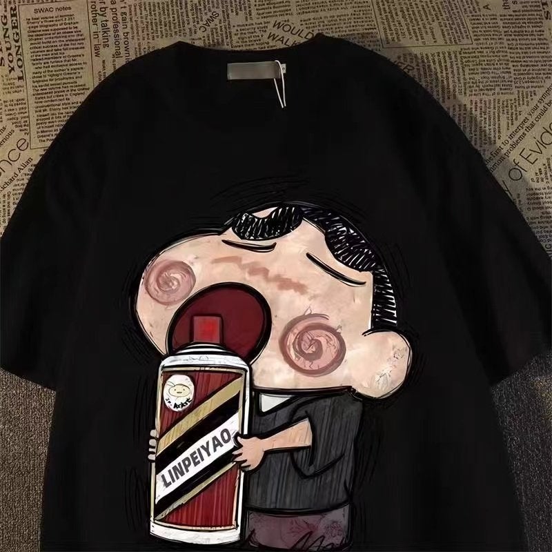 Japanese retro cartoon crayon Shin-chan short-sleeved T-shirt for men and women in summer round-neck loose trendy brand high-end half-sleeved shirt - Image 2