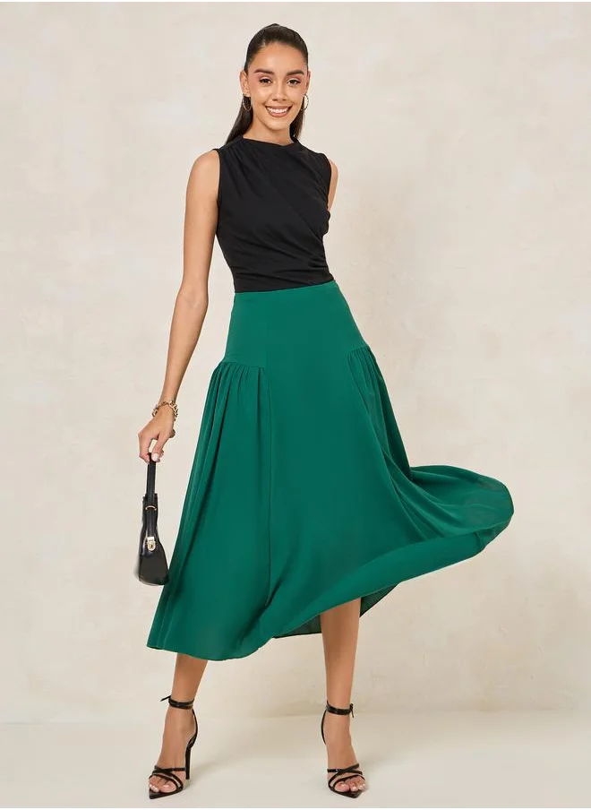 Styli Wide Waistband Plicated A-Line Midi Skirt