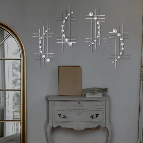 ZEXUIRU 4 Set Bling Metal Wall Art Jeweled Crystal Hang Wall Decor Rhinestone Diamond Iron Abstract Wall Sculpture 16.7 * 7inch Silver - Image 5