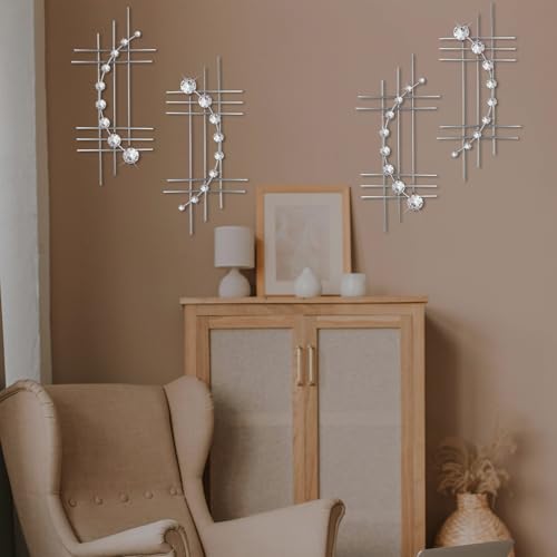 ZEXUIRU 4 Set Bling Metal Wall Art Jeweled Crystal Hang Wall Decor Rhinestone Diamond Iron Abstract Wall Sculpture 16.7 * 7inch Silver - Image 3