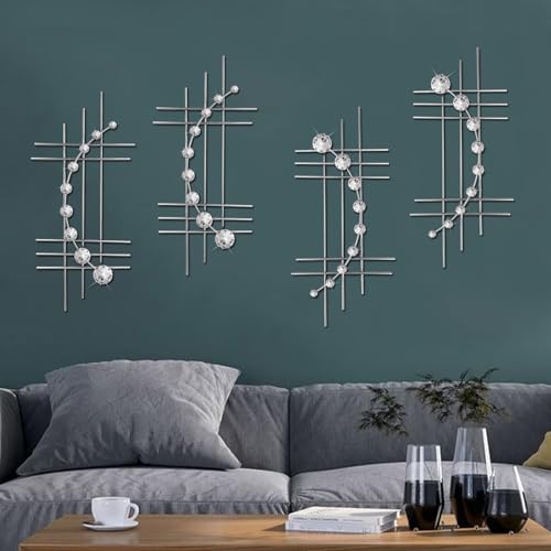ZEXUIRU 4 Set Bling Metal Wall Art Jeweled Crystal Hang Wall Decor Rhinestone Diamond Iron Abstract Wall Sculpture 16.7 * 7inch Silver - Image 1