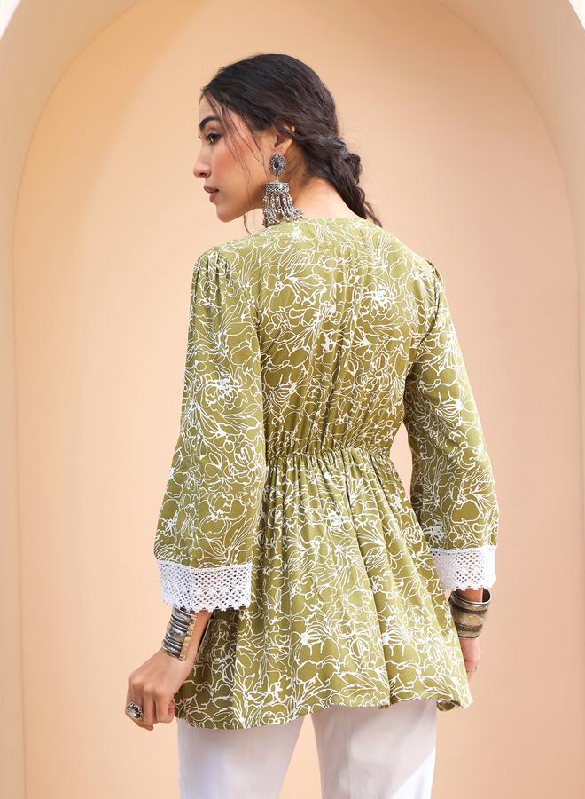 SASSAFRAS Green Floral V Neck Peplum Kurti - Image 5