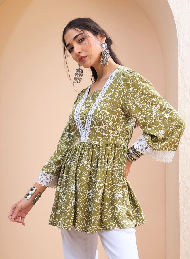 SASSAFRAS Green Floral V Neck Peplum Kurti - Image 3