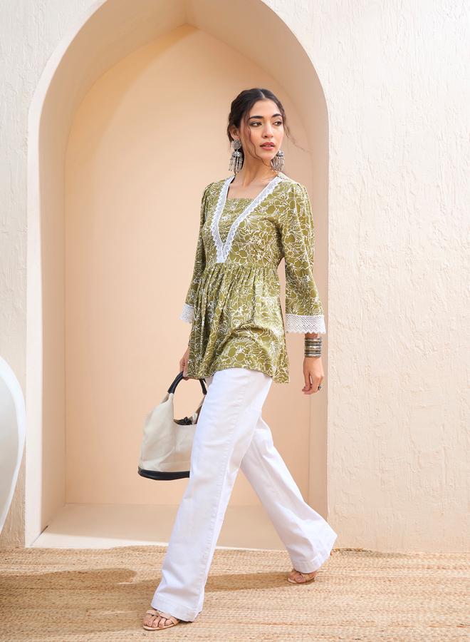 SASSAFRAS Green Floral V Neck Peplum Kurti - Image 2