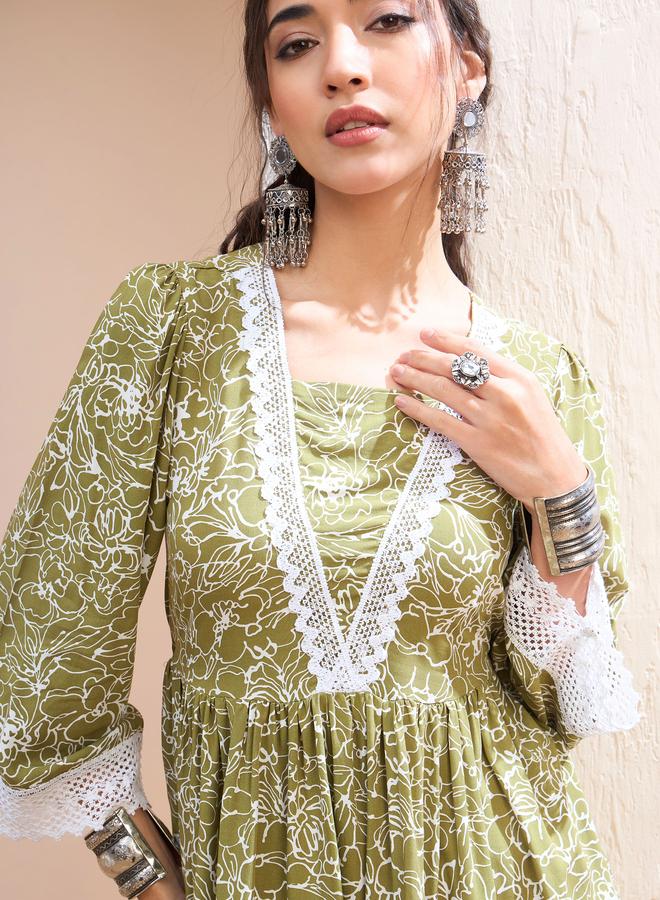 SASSAFRAS Green Floral V Neck Peplum Kurti - Image 4