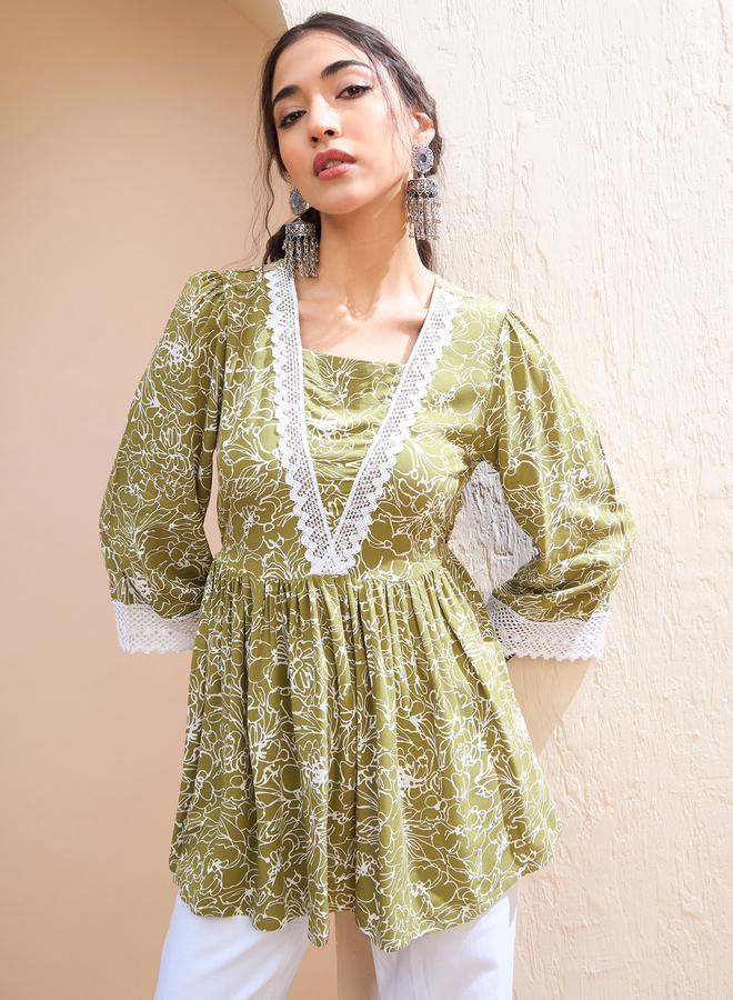 SASSAFRAS Green Floral V Neck Peplum Kurti - Image 1