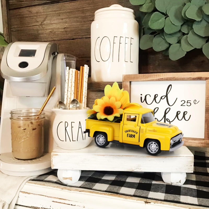 Lemicin Sunflower Vintage Metal Truck Mini Metal Farm Truck Decor with Sunflower Bouquet Farmhouse Rustic Pickup Tiered Tray Decor for Home Kitchen Shelf Table Decor Yellow - Image 5