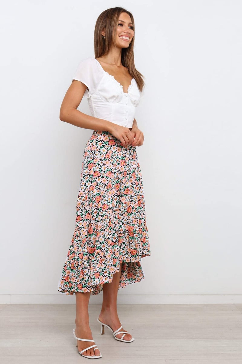 SimpleFun Floral Skirts for Women Long Length Tiered High Low Hem Behemain Summer Skirt (Floral1,L) - Image 4