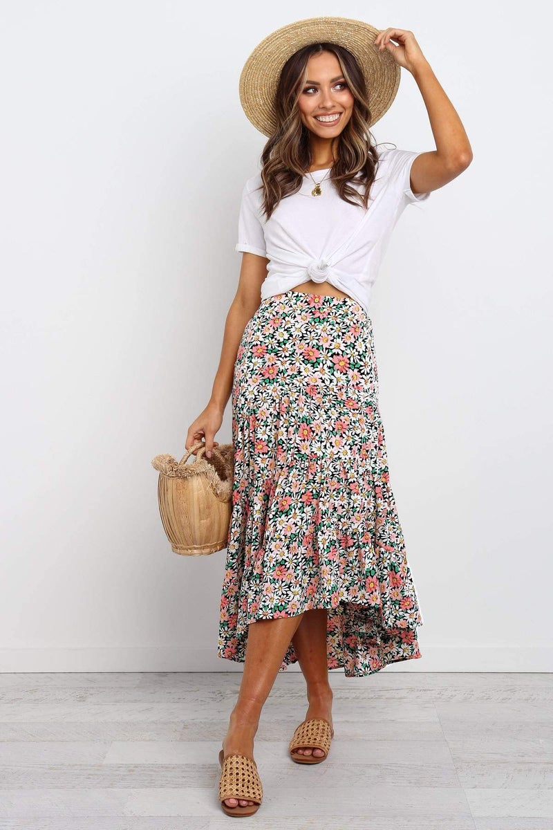 SimpleFun Floral Skirts for Women Long Length Tiered High Low Hem Behemain Summer Skirt (Floral1,L) - Image 2