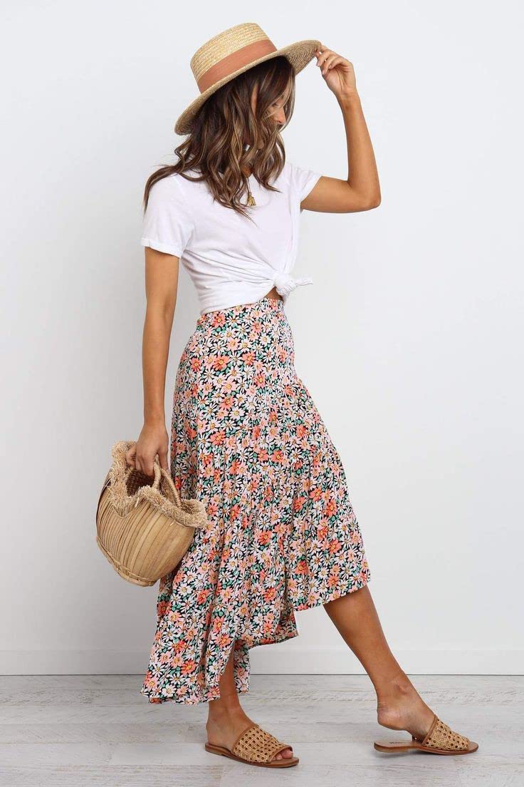 SimpleFun Floral Skirts for Women Long Length Tiered High Low Hem Behemain Summer Skirt (Floral1,L) - Image 3