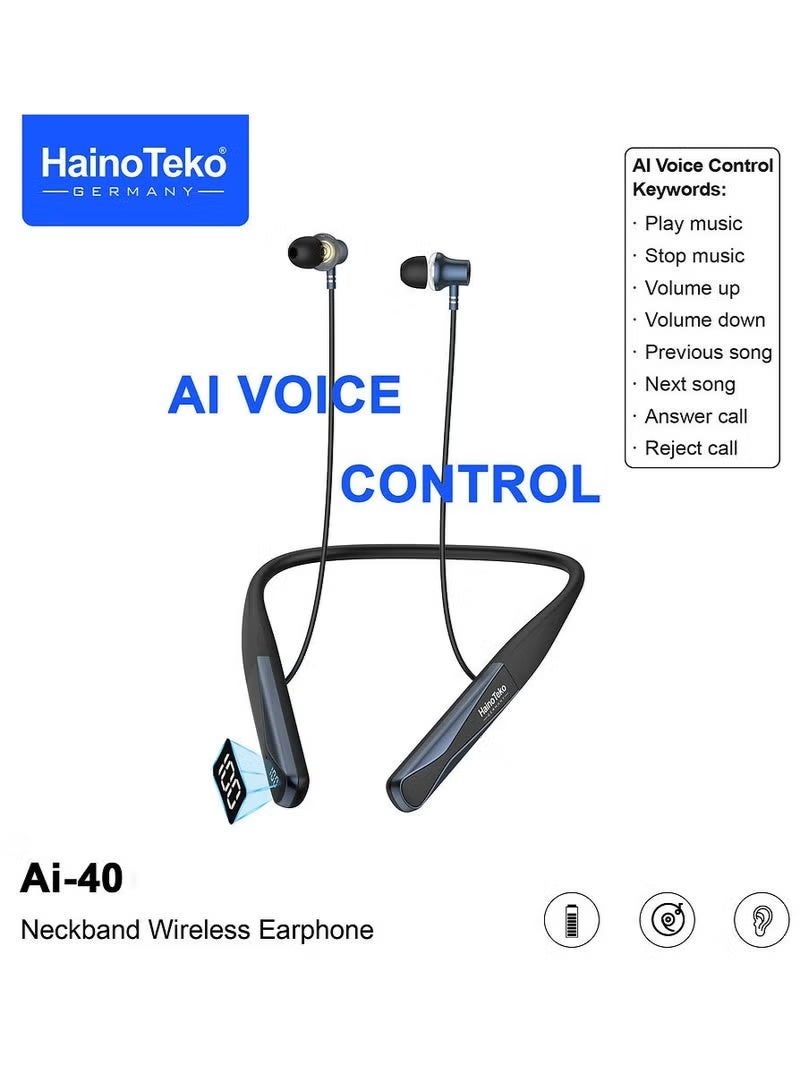 هينو تيكو سماعة أذن لاسلكية Haino Teko Ai-40 حول الرقبة مع تحكم صوتي بالذكاء الاصطناعي وعمر بطارية يصل إلى 40 ساعة وتحكم بزر متعدد الوظائف باللون الأسود - Image 1