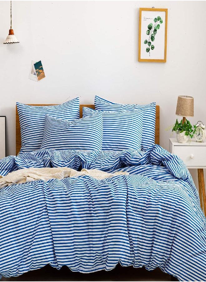 JELLYMONI JELLYMONI 100% Natural Cotton 3pcs Striped Duvet Cover Sets,White Duvet Cover with Blue Stripes Pattern Printed Comforter Cover,with Zipper Closure & Corner Ties(King Size) 