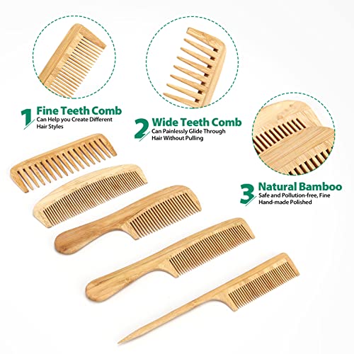 SouxMux 5 Pcs Natural Handmade Bamboo Anti-Static Combs Set - Wide Tooth, Rat Tail and Fine Tooth for Long, Short, Thick, Thin, Wavy or Curly Hair Detangling (Natural) - Image 2