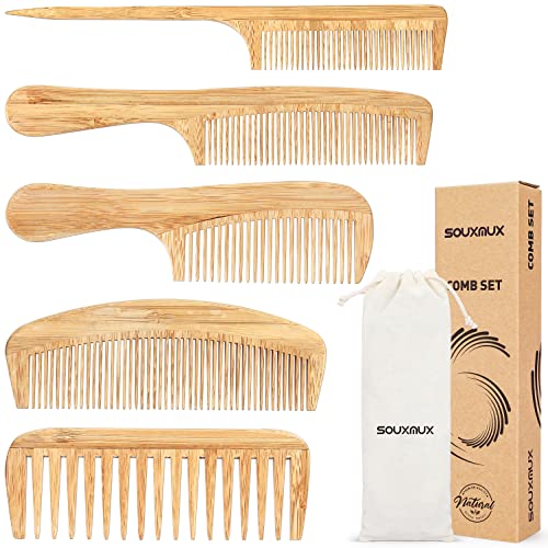 SouxMux 5 Pcs Natural Handmade Bamboo Anti-Static Combs Set - Wide Tooth, Rat Tail and Fine Tooth for Long, Short, Thick, Thin, Wavy or Curly Hair Detangling (Natural) - Image 1