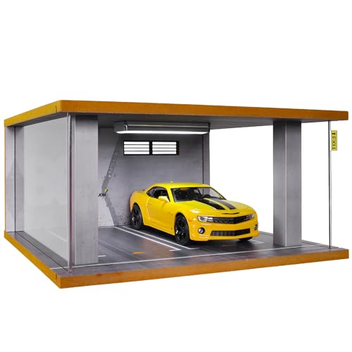 cxiiuui 124 Scale Wooden Parking Garage Display Case Car with LED Light and Acrylic Cover Diecast Car Show Case 2 Parking Spaces Grey - Image 1