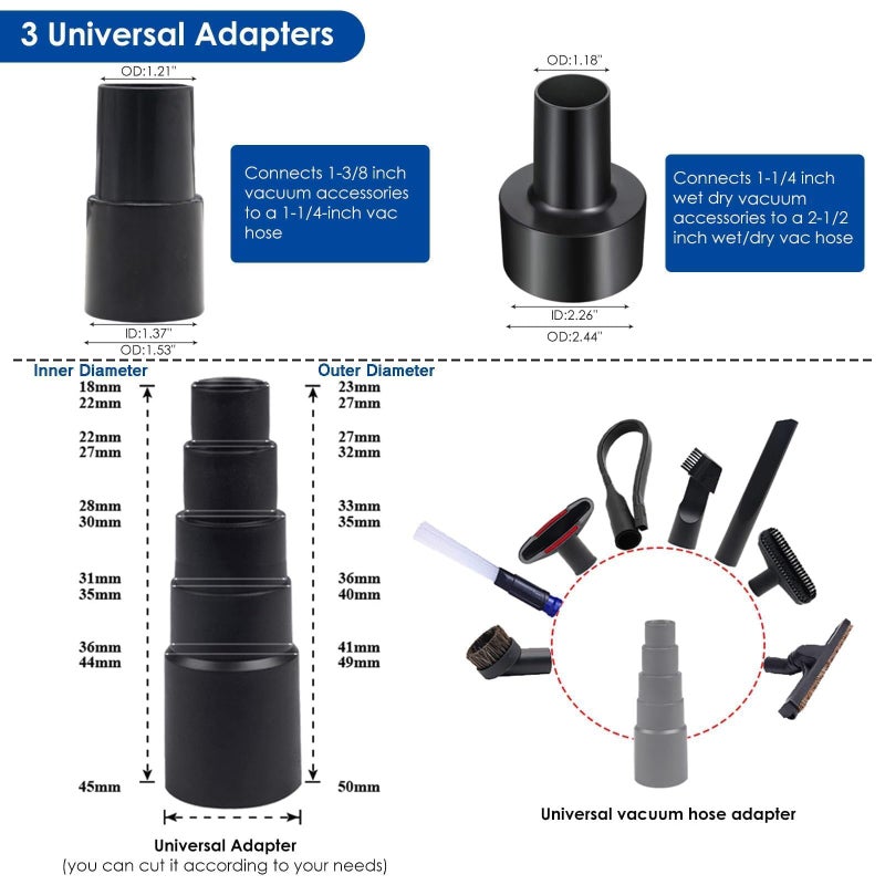 BGSIME 11 PCS Universal 1 1/4 Inch Vacuum Attachments Kit for Shop Vac Accessories with Vacuum Brush Attachments, Flexible Crevice Tool, Hose Adapters for 2 1/2" to 1 1/4" and 1 7/8" to 1" Hoses - Image 2