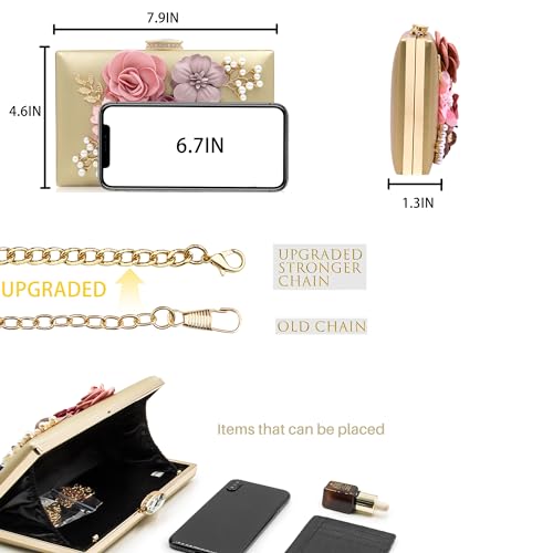 Milisente Evening Bag for Women, Flower Wedding Evening Clutch Purse Bride Floral Clutch Bag(Gold) - Image 3