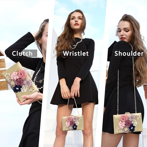 Milisente Evening Bag for Women, Flower Wedding Evening Clutch Purse Bride Floral Clutch Bag(Gold) - Image 2
