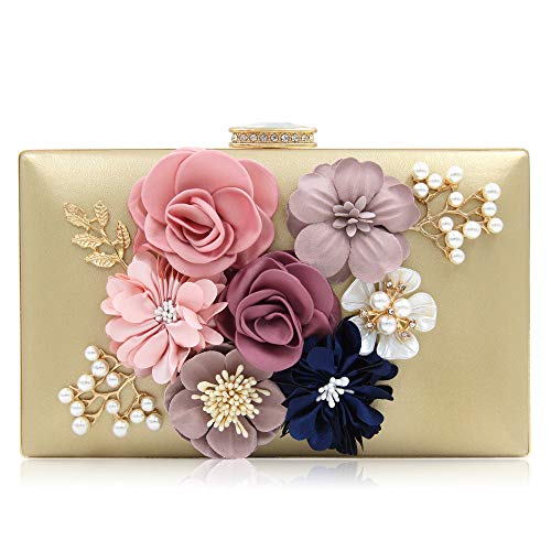 Milisente Evening Bag for Women, Flower Wedding Evening Clutch Purse Bride Floral Clutch Bag(Gold) - Image 1