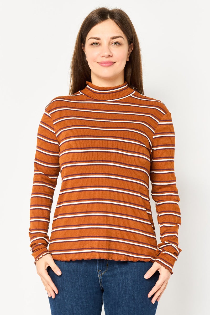 promod Women Mock Neck Long Sleeve Stripe Print T-Shirt, Multicolor - Image 1