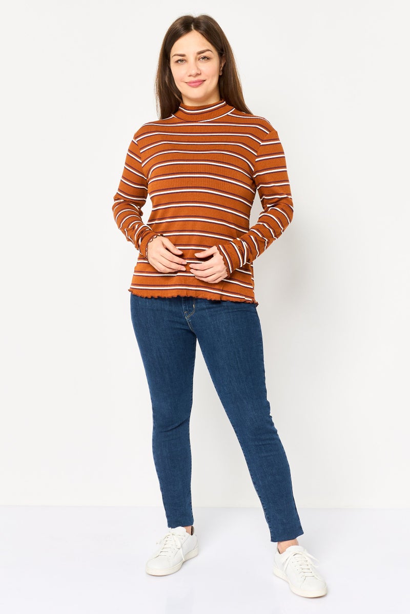 promod Women Mock Neck Long Sleeve Stripe Print T-Shirt, Multicolor - Image 2