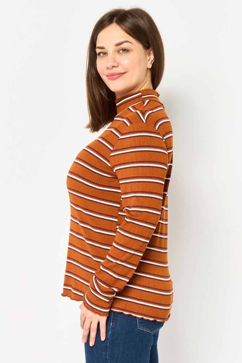 promod Women Mock Neck Long Sleeve Stripe Print T-Shirt, Multicolor - Image 3