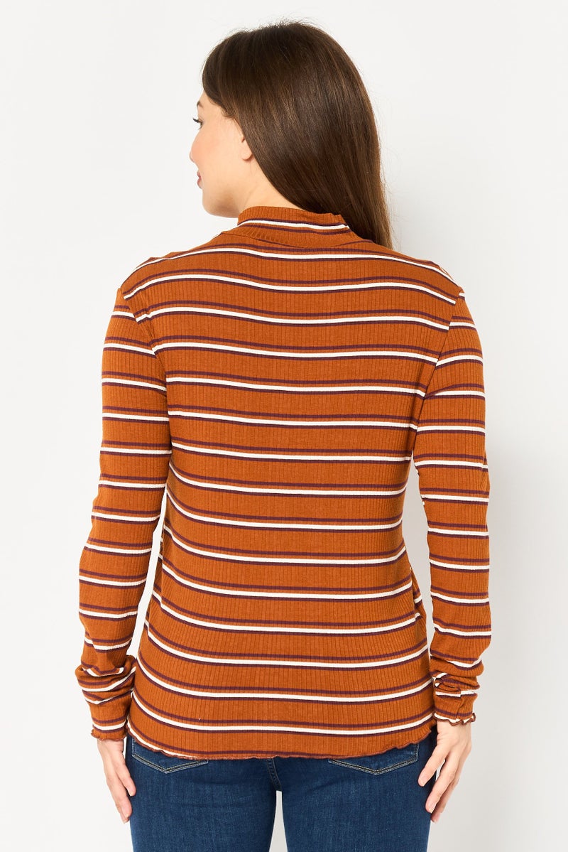 promod Women Mock Neck Long Sleeve Stripe Print T-Shirt, Multicolor - Image 4