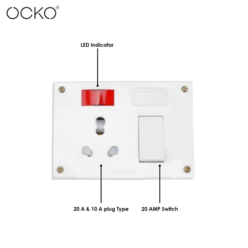 OCKO Ocko Heavy Duty Extension Board with 25mm 10m Long Wire 616 Amp 1 Socket 1 Switch and 16 Amp Plug Combined for Microwave Induction Cooker Fridge Heater AC Polycarbonate White Pack of 1  - Image 3