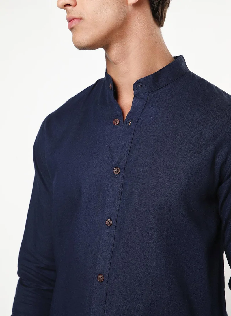 Urbano Fashion  Urbano Fashion Men's Navy Linen Blend Full Sleeve Relaxed Fit Mandarin Collar Casual Solid Shirt for Men | Best Price UAE