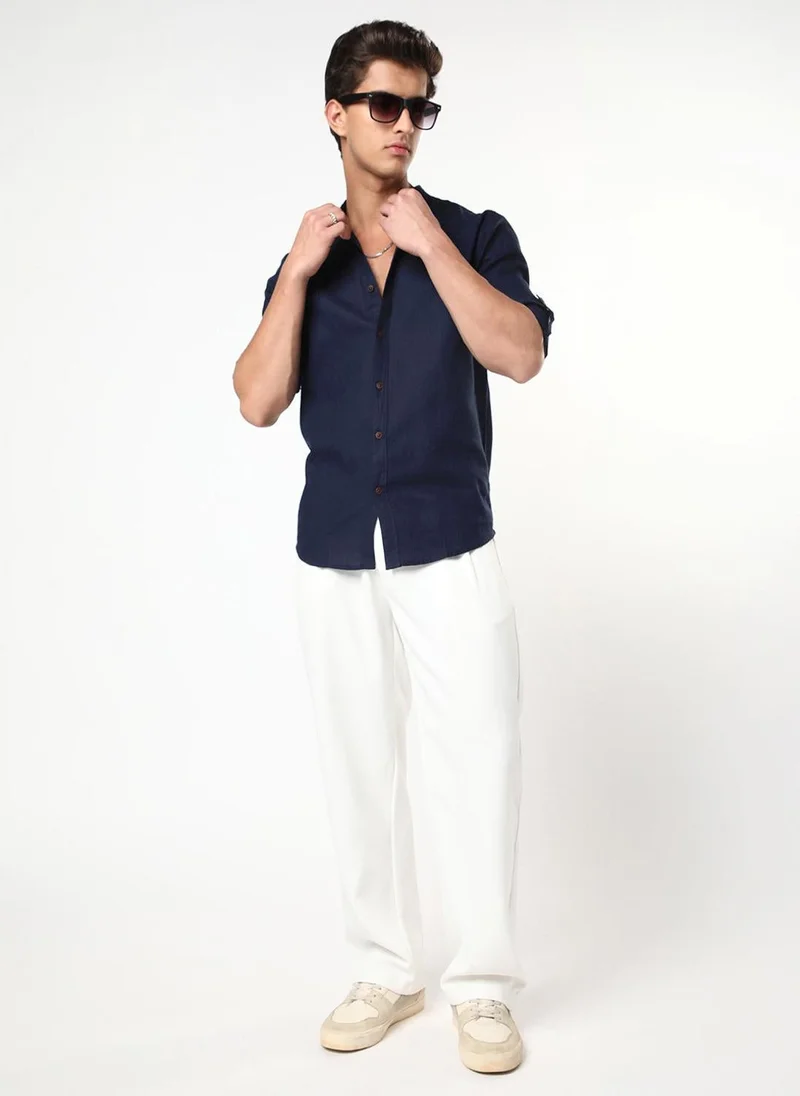 Urbano Fashion  Urbano Fashion Men's Navy Linen Blend Full Sleeve Relaxed Fit Mandarin Collar Casual Solid Shirt for Men | Best Price UAE