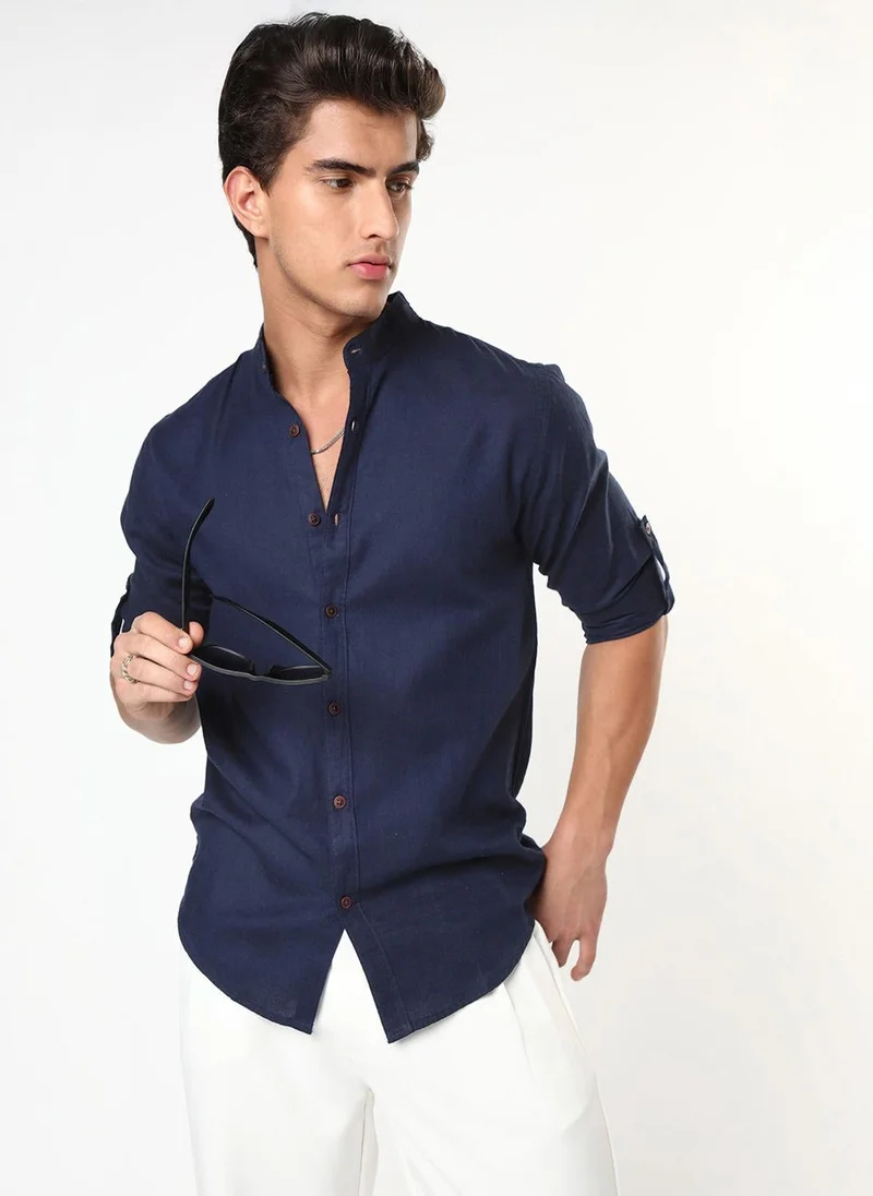 Urbano Fashion Urbano Fashion Men's Navy Linen Blend Full Sleeve Relaxed Fit Mandarin Collar Casual Solid Shirt
