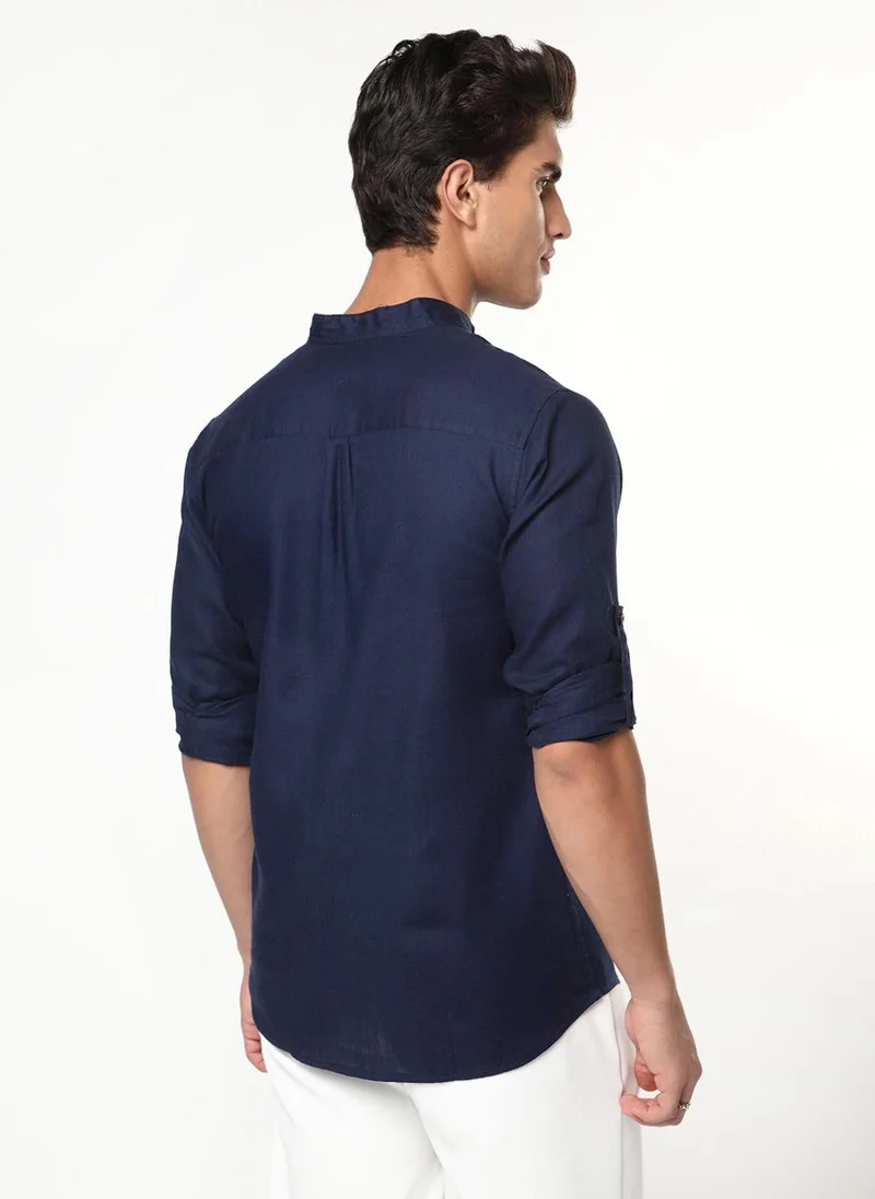 Urbano Fashion  Urbano Fashion Men's Navy Linen Blend Full Sleeve Relaxed Fit Mandarin Collar Casual Solid Shirt for Men | Best Price UAE