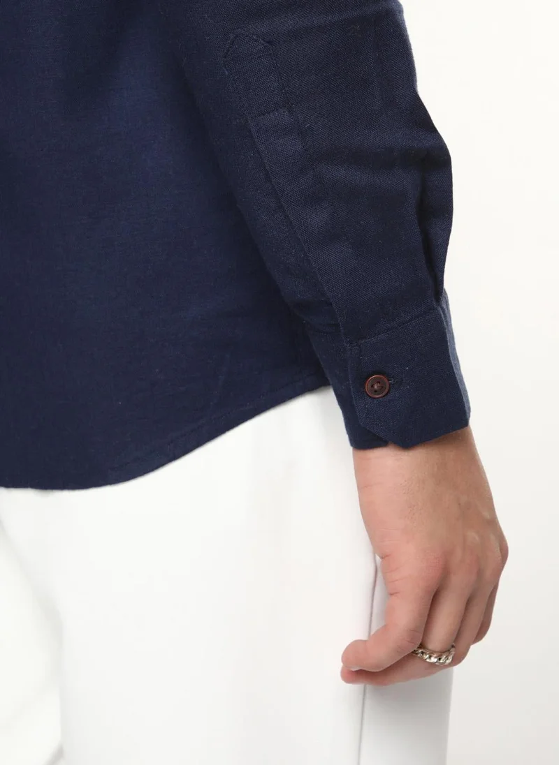 Urbano Fashion  Urbano Fashion Men's Navy Linen Blend Full Sleeve Relaxed Fit Mandarin Collar Casual Solid Shirt for Men | Best Price UAE