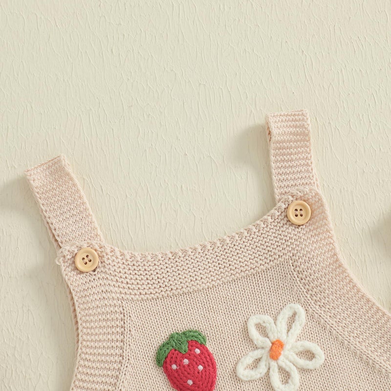 wybzd Newborn Sweater Romper Baby Girl Crochet Knit Sweaters Rompers Embroidery Flower Strawberry Outfit Sleeveless Bodysuit (Beige, 0-3 Months) - Image 4
