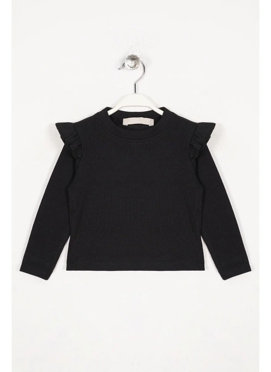 وي وي Crew Neck Long Sleeve Shoulder Ruffle Ribbed Black Color Girl Bodysuit