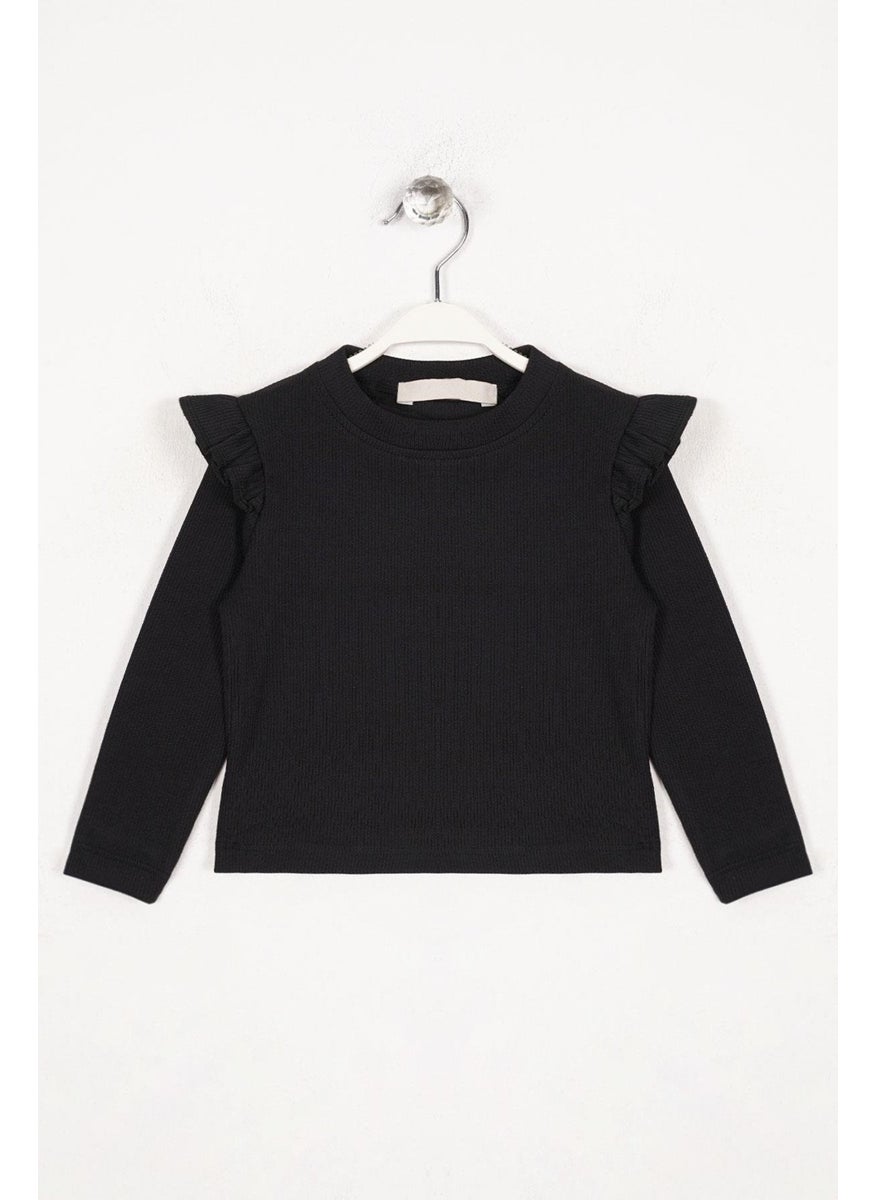 WEWE Crew Neck Long Sleeve Shoulder Ruffle Ribbed Black Color Girl Bodysuit  - Image 1