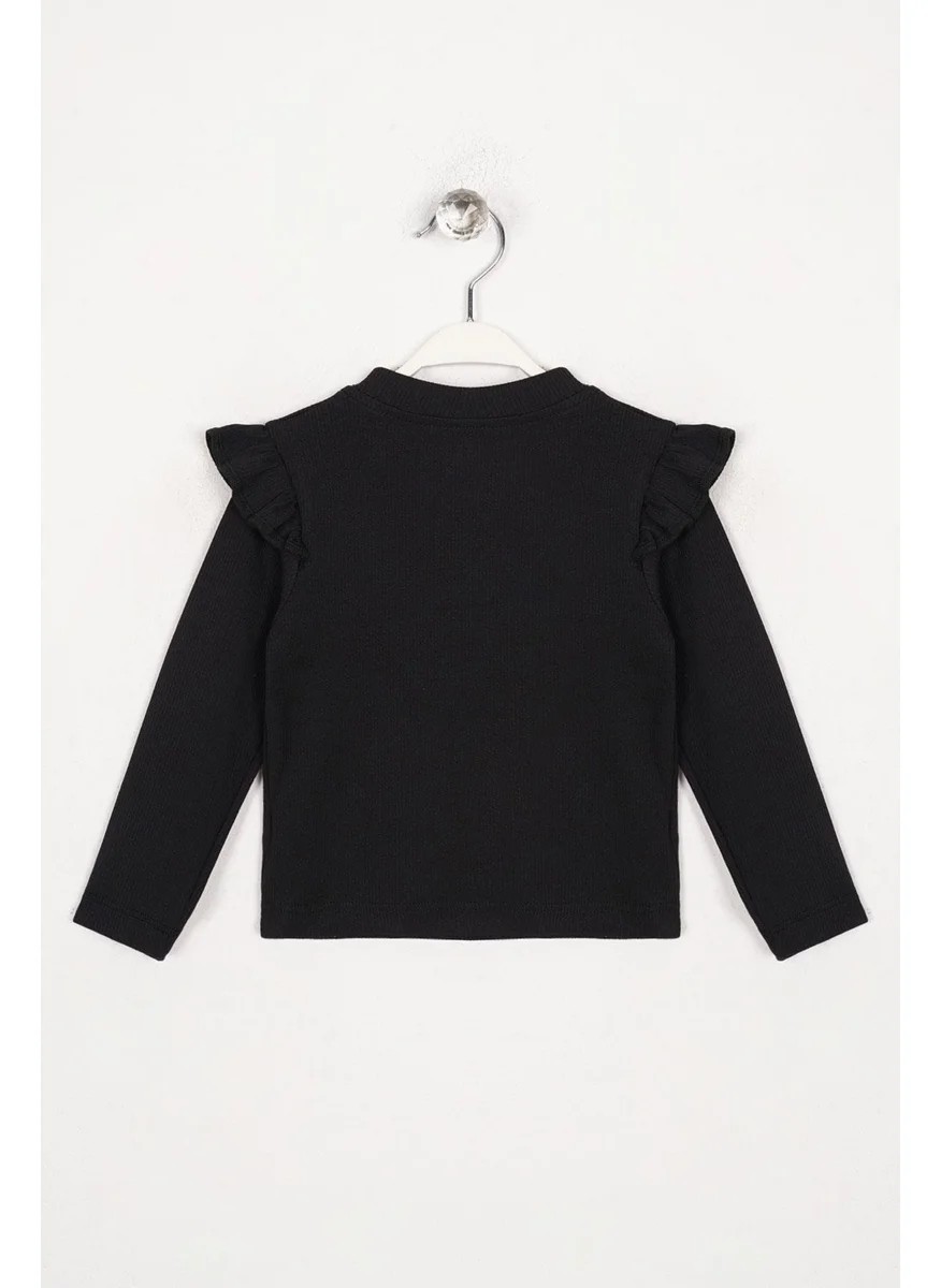 وي وي Crew Neck Long Sleeve Shoulder Ruffle Ribbed Black Color Girl Bodysuit