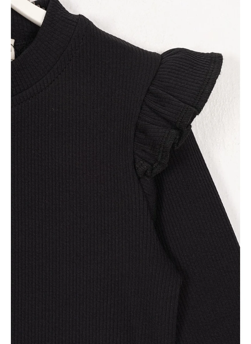 WEWE Crew Neck Long Sleeve Shoulder Ruffle Ribbed Black Color Girl Bodysuit