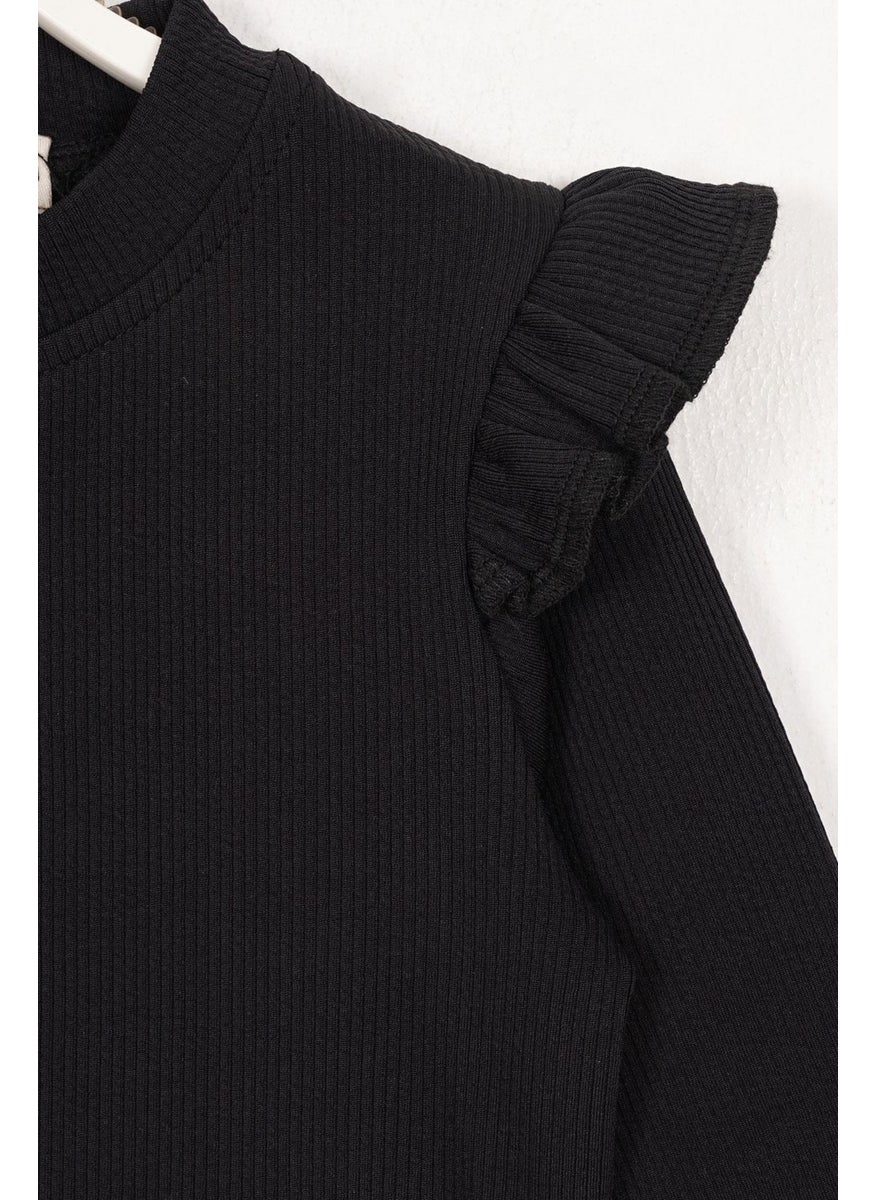 WEWE Crew Neck Long Sleeve Shoulder Ruffle Ribbed Black Color Girl Bodysuit  - Image 3