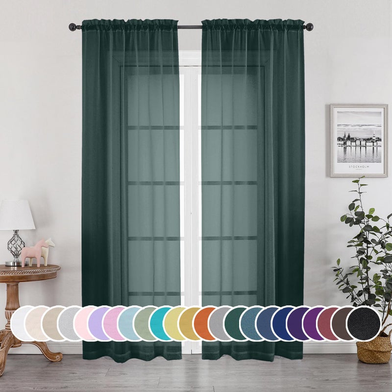 OWENIE Green Sheer Curtains 84 Inches Long for 2 Panels Set for Christmas  Solid Light Filtering Fimly Voile Sheer Curtains for Living Room Bedroom  Hunter Green  42""x84"" - Image 1
