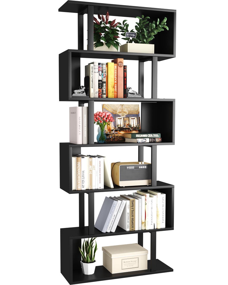 Yusong S Shaped Bookshelf Modern Geometric Bookcase 6Tier Black Display Case Book Shelf