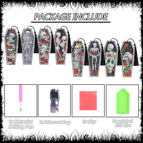 CRASHOT 8 Pcs Gothic Skeleton Diamond Art Bookmarks Kit, Skull Halloween Diamond Painting Bookmarks with Tassels for Adults, DIY Horror Book Mark Craft Set for Women Men Reading Lovers - Image 2