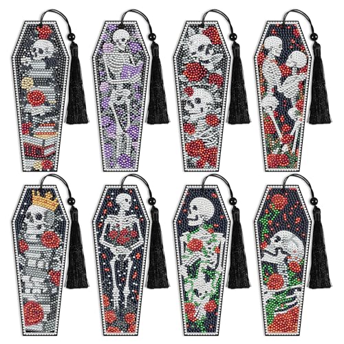 CRASHOT 8 Pcs Gothic Skeleton Diamond Art Bookmarks Kit, Skull Halloween Diamond Painting Bookmarks with Tassels for Adults, DIY Horror Book Mark Craft Set for Women Men Reading Lovers - Image 1