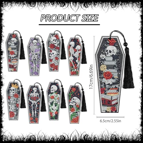 CRASHOT 8 Pcs Gothic Skeleton Diamond Art Bookmarks Kit, Skull Halloween Diamond Painting Bookmarks with Tassels for Adults, DIY Horror Book Mark Craft Set for Women Men Reading Lovers - Image 3